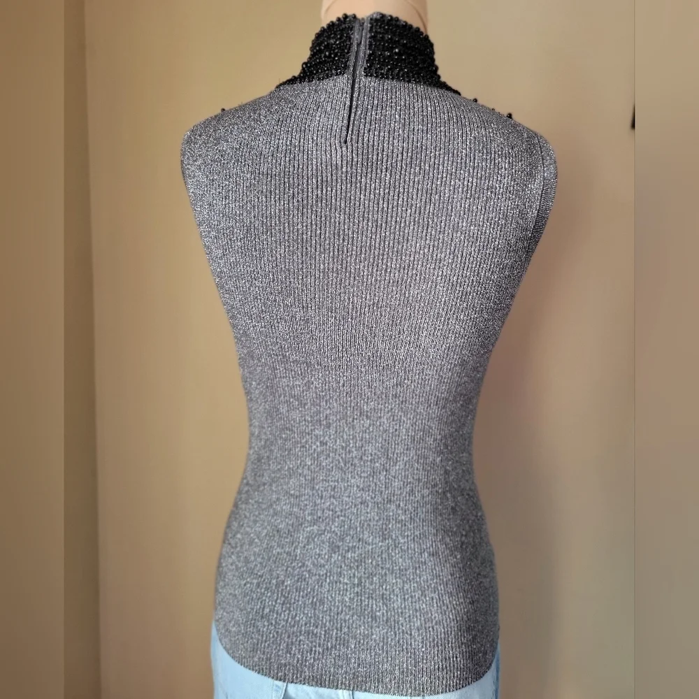 Beaded Mock Neck Grace Elements S Gray Metallic Sleeveless Silk‎ Blend Sweater